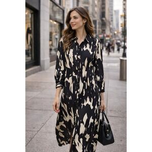 H&M Black Cream Abstract Print Button Front Collared Shirt Dress Womens Medium